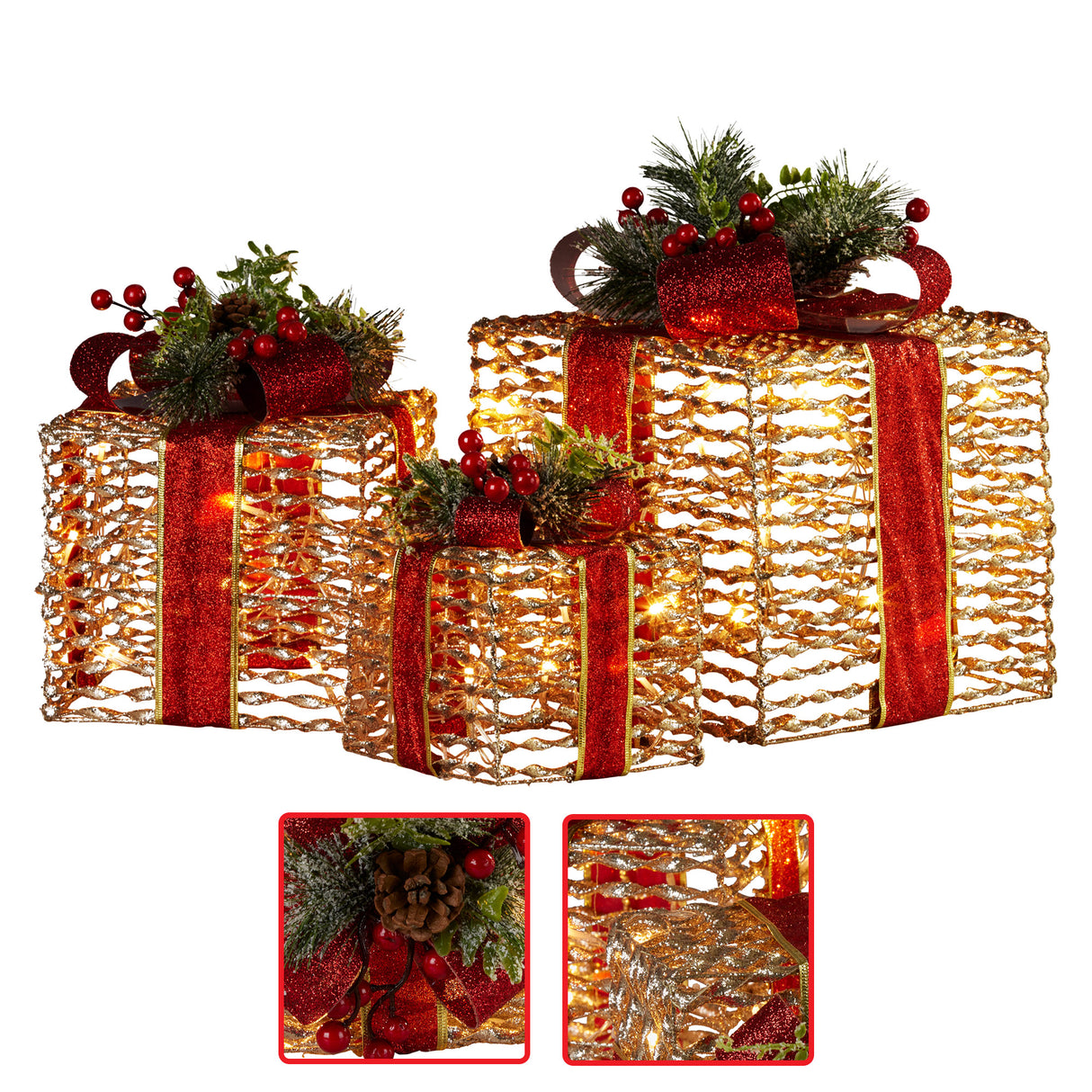 Glittering Christmas Gift Box Trio with Warm LED Lights - Champagne and Red Accents
