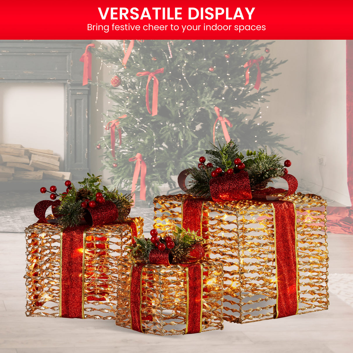 Glittering Christmas Gift Box Trio with Warm LED Lights - Champagne and Red Accents