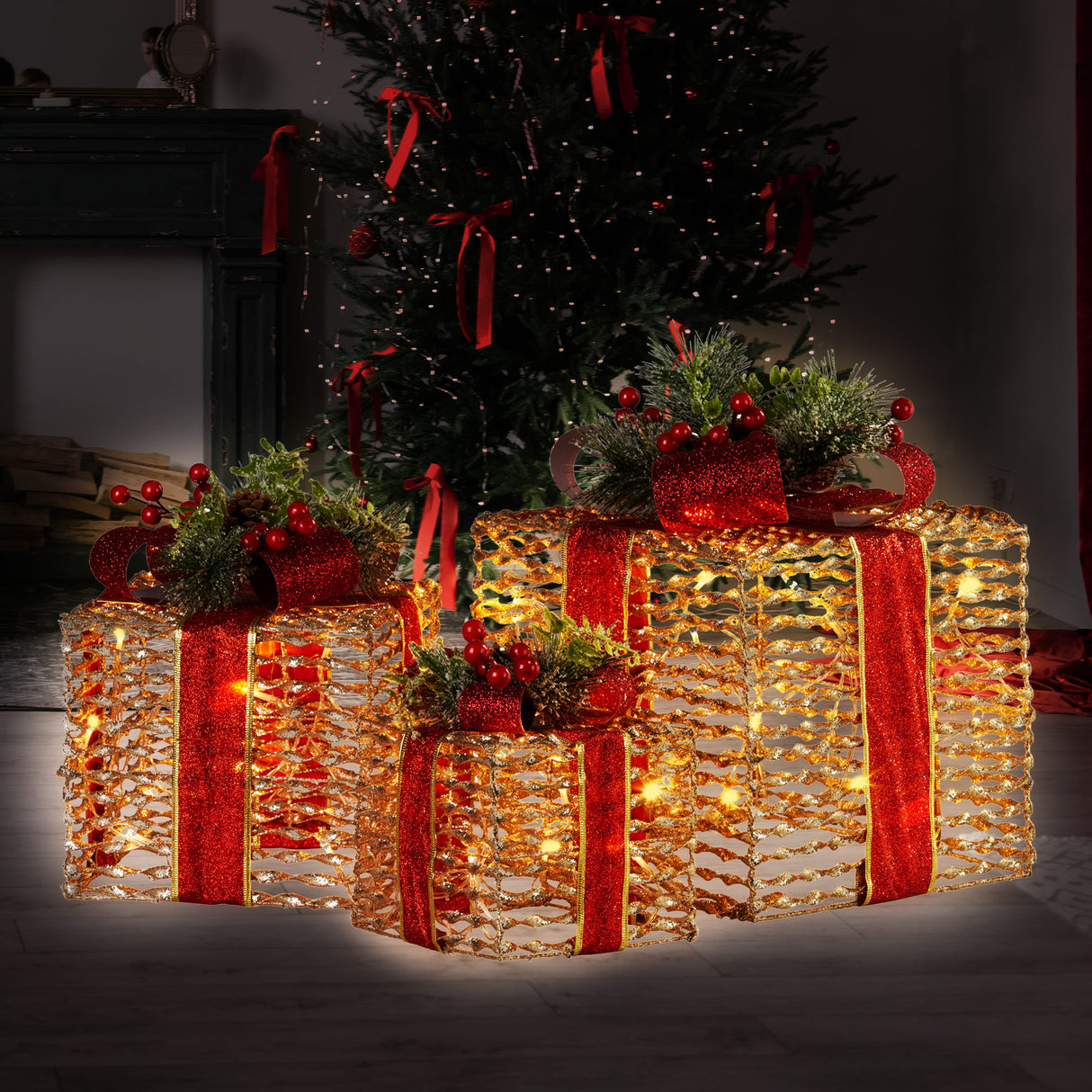 Glittering Christmas Gift Box Trio with Warm LED Lights - Champagne and Red Accents