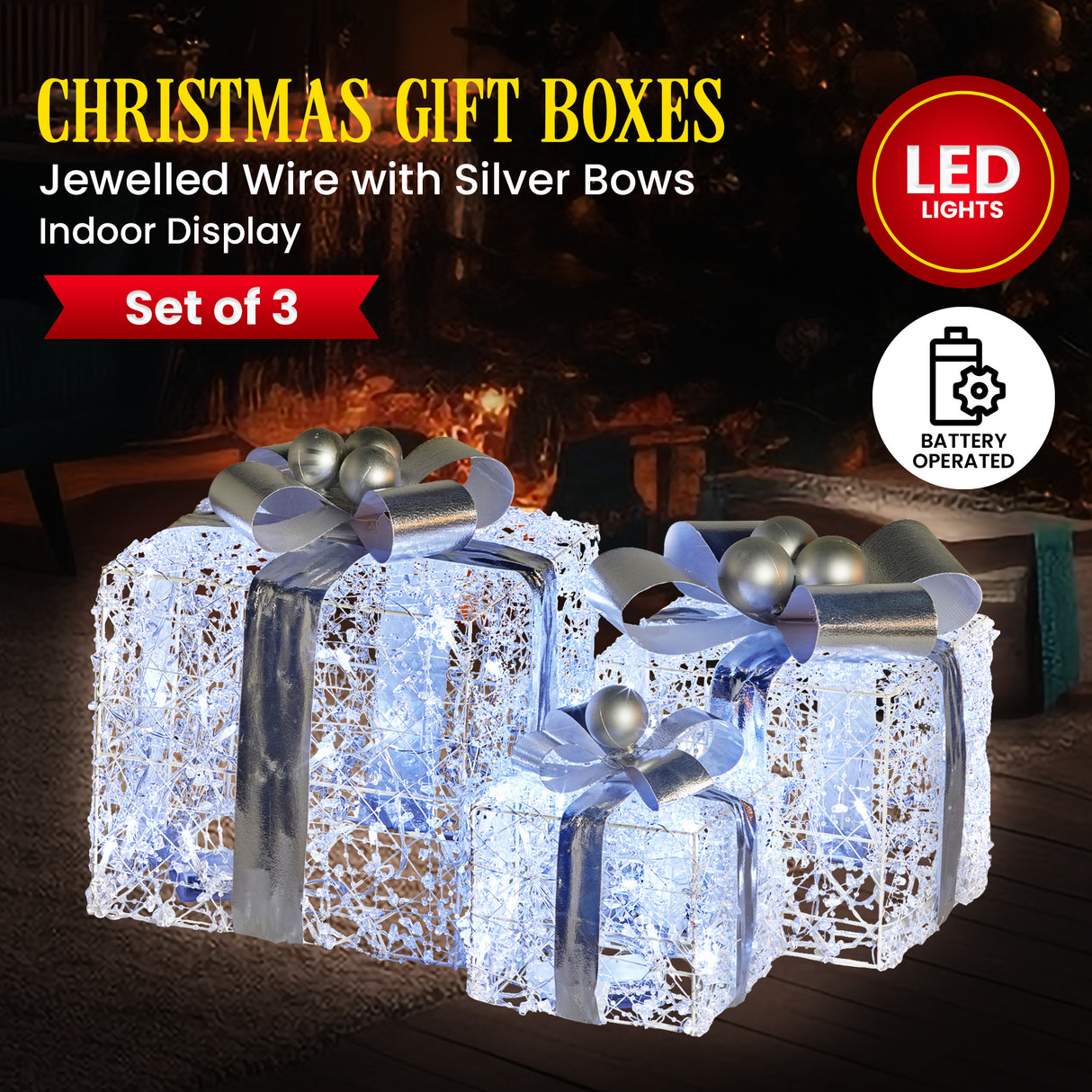 Sparkling Holiday Gift Box Set with LED Lights and Silver Accents