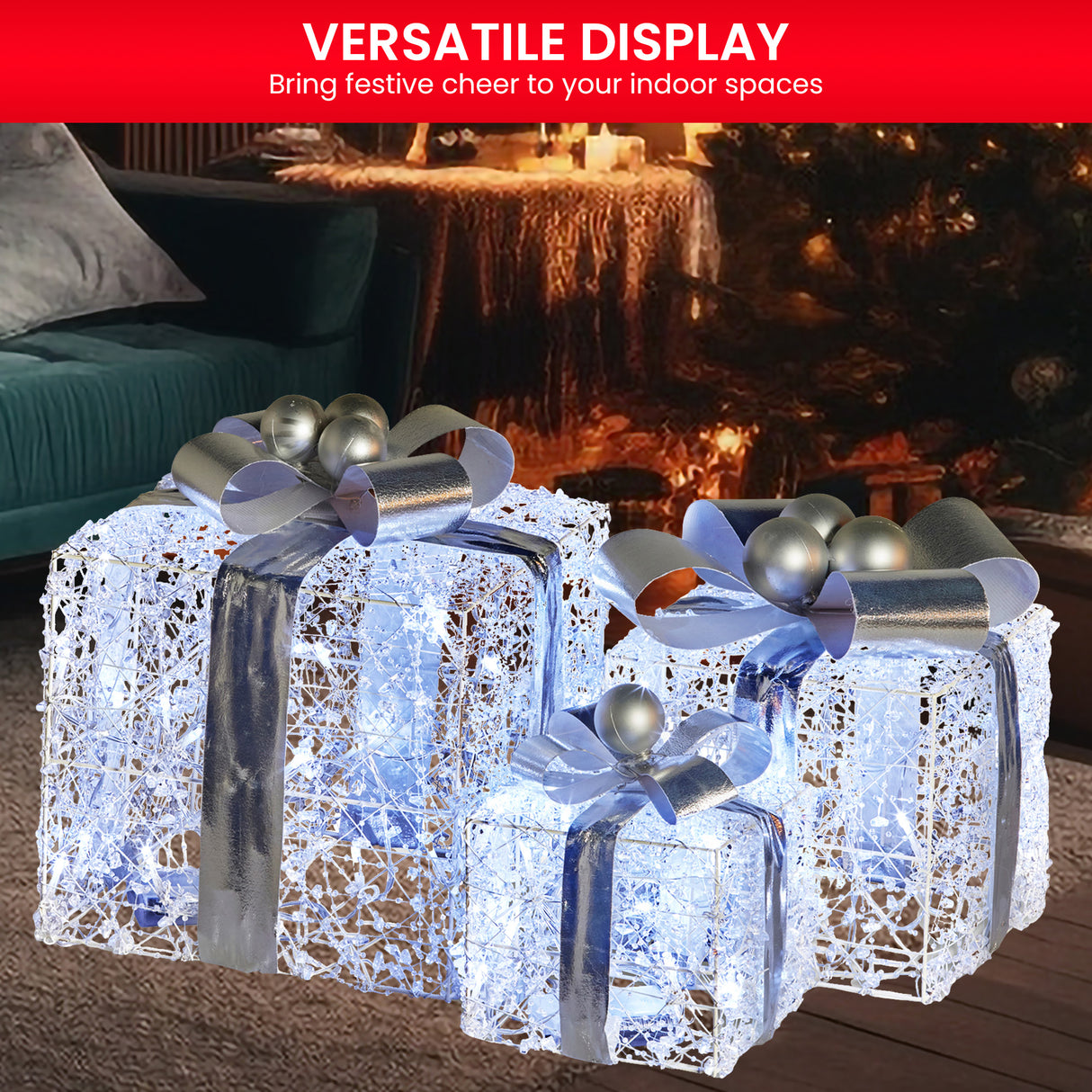 Sparkling Holiday Gift Box Set with LED Lights and Silver Accents