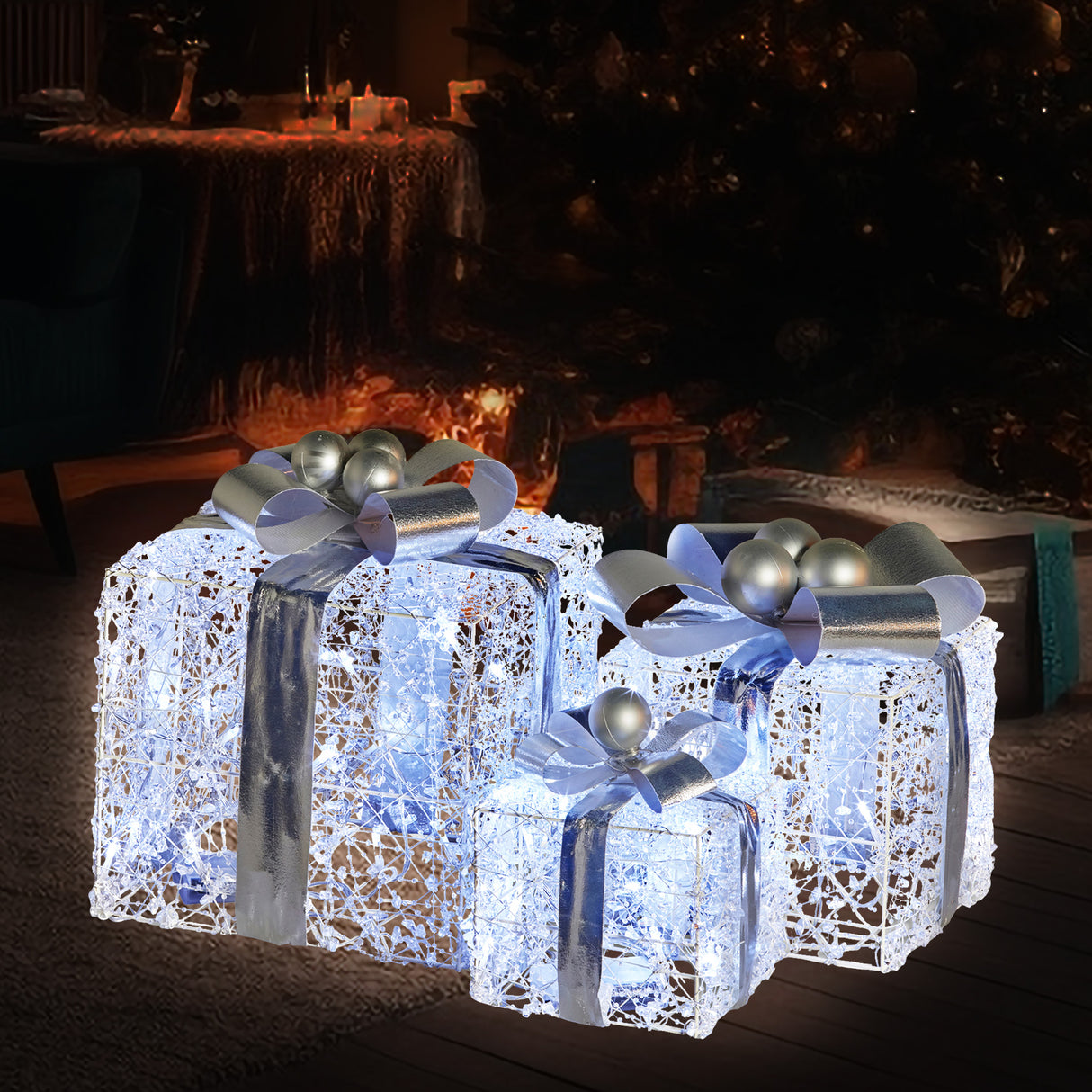 Sparkling Holiday Gift Box Set with LED Lights and Silver Accents