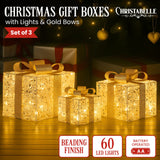 Christabelle Set of 3 Battery Operated Golden Christmas Gift Boxes w/Warm White LED Lights Indoor Decorative Holiday - Front View