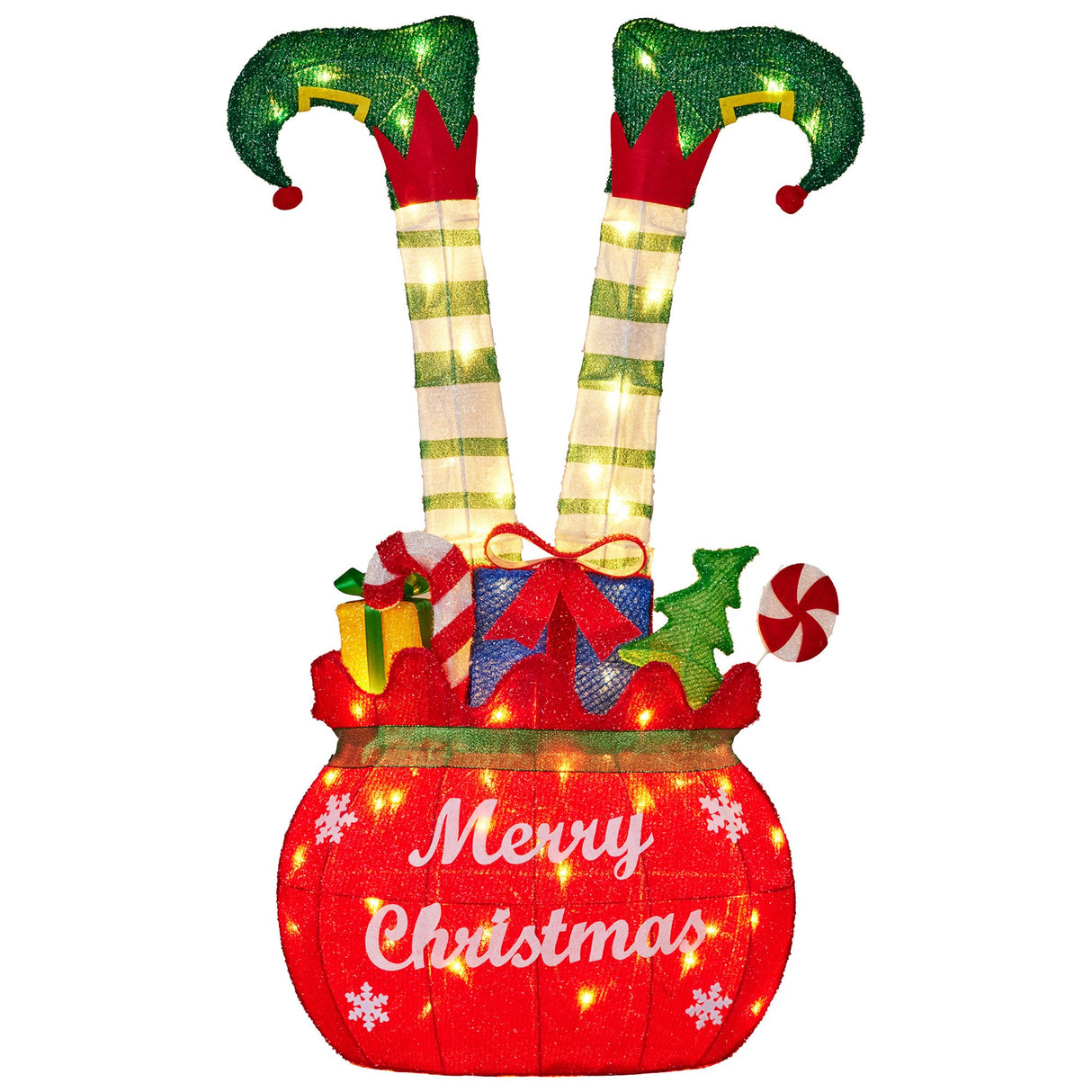 Christabelle Elf in Gift Sack Christmas Display Warm White LED Lights 86cm for Decoration w/Wire Frame Construction