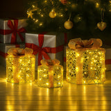 Christabelle Set of 3 Christmas Gift Box Display Gold with LED Lights and Bows Decoration Ornament Present - Rear View