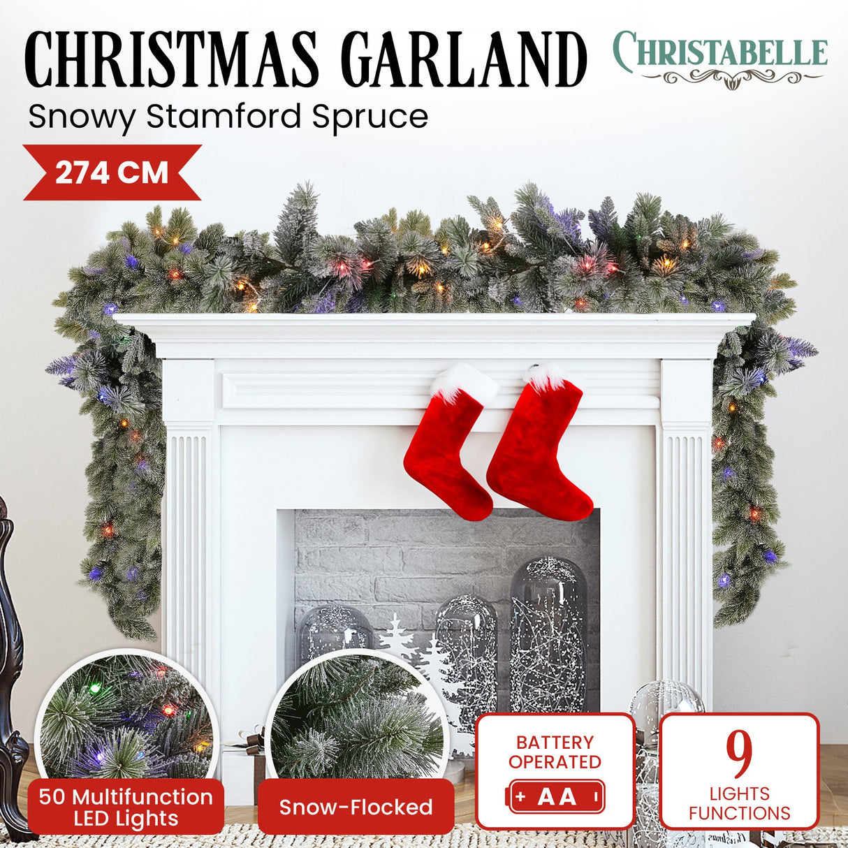 Christabelle 2.7m Christmas Garland Snowy with LED Lights Stamford Spruce Tree Decoration Ornament