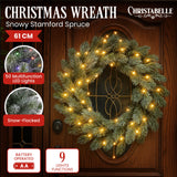 Christabelle 61cm Christmas Wreath Snowy Stamford Spruce with Coloured LED Lights Front Door Decoration Ornament - Front View