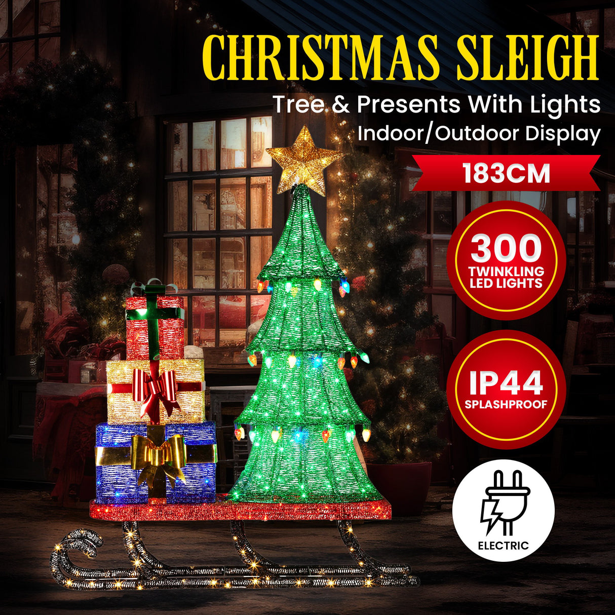 Christabelle Christmas Display Sled 183cm With Tree And Presents Led Lights & C9 Bulbs