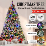 Christabelle Snowy Crown Pine 2.7m Multicolour Pre-Lit Christmas Tree with 2429 Tips - Front View