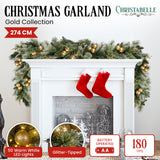 Christabelle 2.7m Christmas Garland with Gold Baubles and LED Lights Mantle Decoration Ornament - Front View