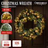Christabelle 61cm Christmas Wreath Glittery Tipped with LED Lights and Golden Baubles Front Door Decoration Ornament - Front View
