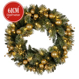 Christabelle 61cm Christmas Wreath Glittery Tipped with LED Lights and Golden Baubles Front Door Decoration Ornament - Side View