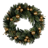 Christabelle 61cm Christmas Wreath Glittery Tipped with LED Lights and Golden Baubles Front Door Decoration Ornament - Top-Down View