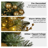 Christabelle 61cm Christmas Wreath Glittery Tipped with LED Lights and Golden Baubles Front Door Decoration Ornament - 45-Degree Angle