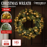 Christabelle 76cm Christmas Wreath Glittery Tipped with LED Lights and Golden Baubles Front Door Decoration Ornament - Front View