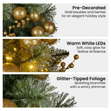 Christabelle 76cm Christmas Wreath Glittery Tipped with LED Lights and Golden Baubles Front Door Decoration Ornament - 45-Degree Angle