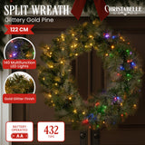 Christabelle 1.22m Split 2pc Christmas Wreath with LED Lights Pine Dual Front Doors Decoration Ornament - Front View