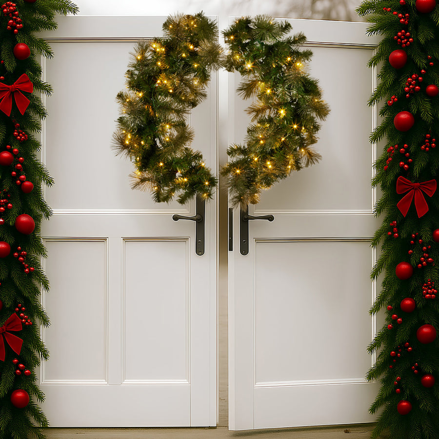 Christabelle 1.22m Split 2pc Christmas Wreath with LED Lights Pine Dual Front Doors Decoration Ornament