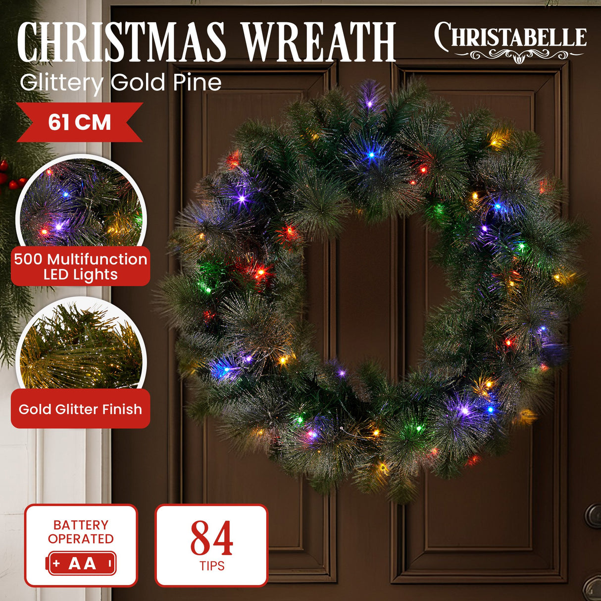 Christabelle 61cm Christmas Wreath with LED Lights Glittery Gold Pine re-Lit Front Door Decoration Ornament