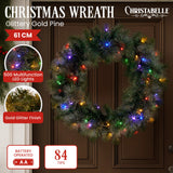 Christabelle 61cm Christmas Wreath with LED Lights Glittery Gold Pine re-Lit Front Door Decoration Ornament - Front View