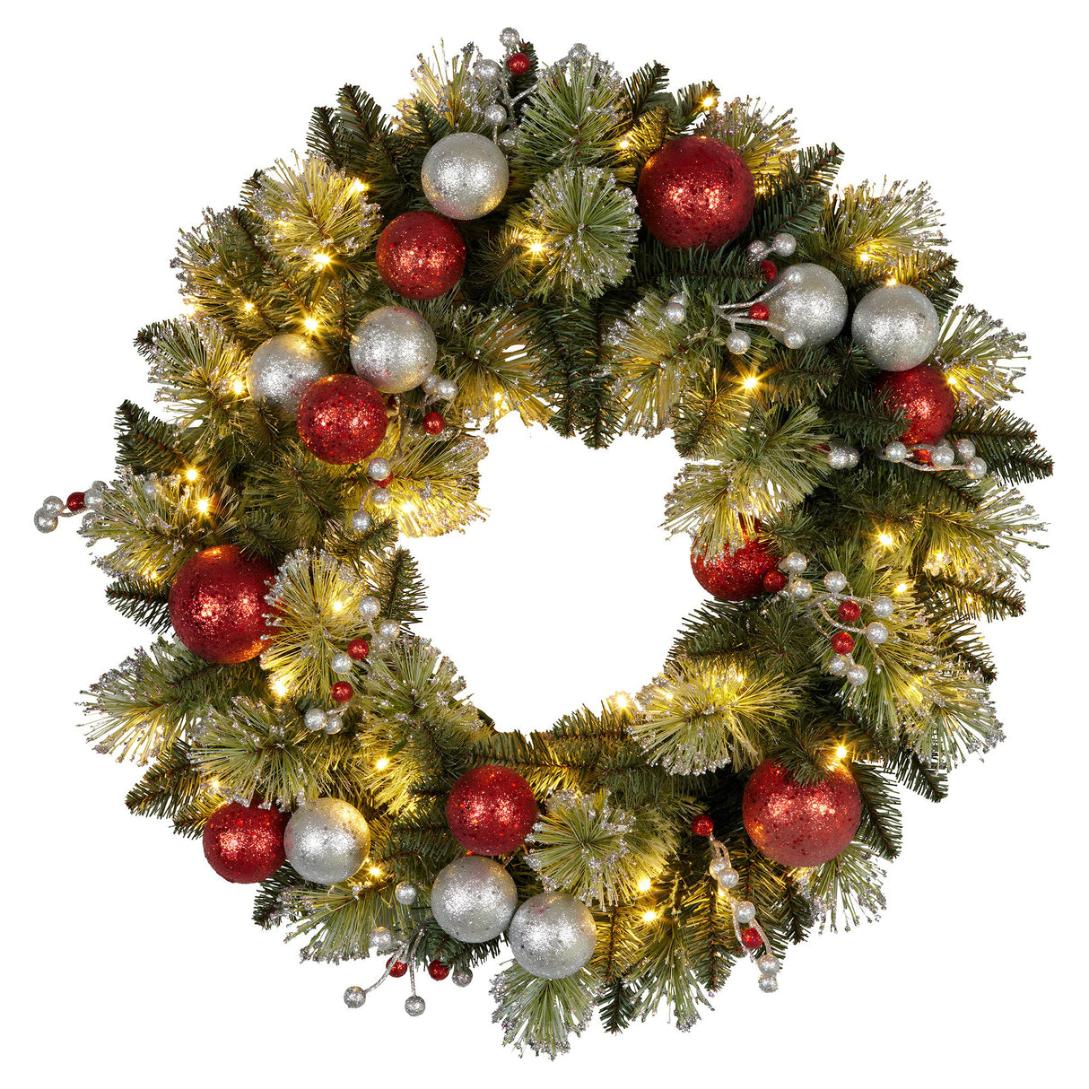 Christabelle Stunning 61cm Christmas Wreath with LED Lights Baubles Berries Red Silver Front Door Decoration