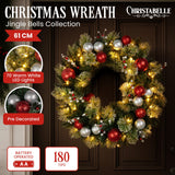 Christabelle Stunning 61cm Christmas Wreath with LED Lights Baubles Berries Red Silver Front Door Decoration