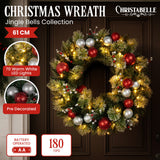 Christabelle Stunning 61cm Christmas Wreath with LED Lights Baubles Berries Red Silver Front Door Decoration - Front View