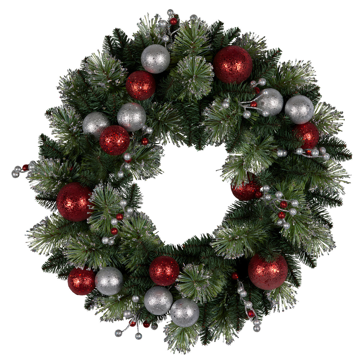 Christabelle Stunning 61cm Christmas Wreath with LED Lights Baubles Berries Red Silver Front Door Decoration