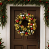 Christabelle Stunning 61cm Christmas Wreath with LED Lights Baubles Berries Red Silver Front Door Decoration - Rear View