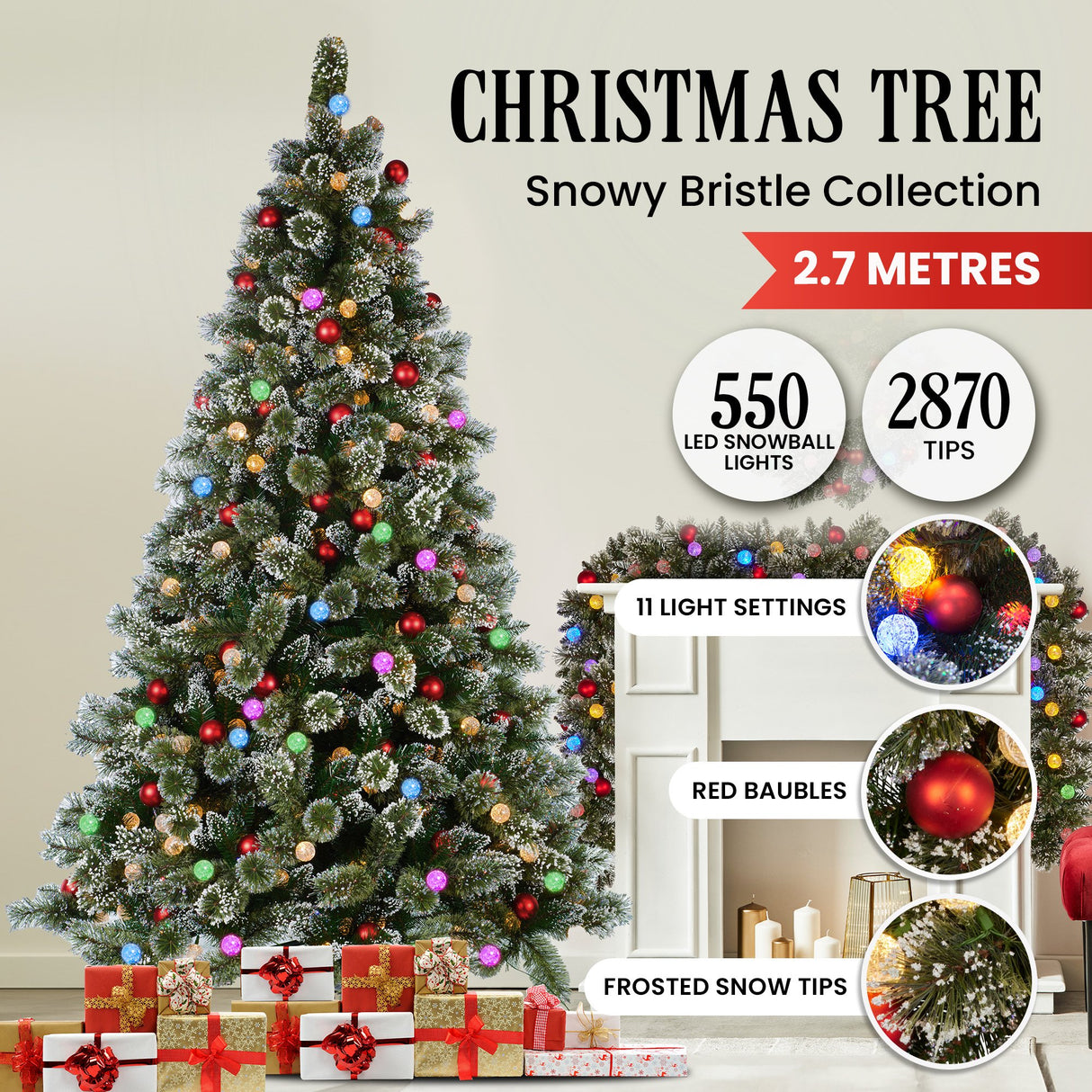 Christabelle Swishmas Snowy Bristle 2.7m Multicolour Pre-Lit Christmas Tree with 2870 Tips