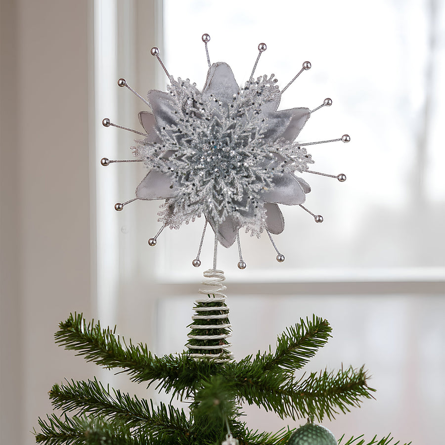 Christabelle Christmas Tree Topper Poinsettia Decoration Ornament Silver Petals