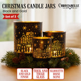 Christabelle Christmas Candle Jar Set Of 3 Black And Gold Holiday Candle Holders - Front View