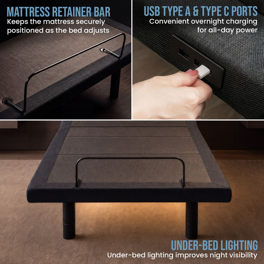 Therapedic Versa Electric Long Single Adjustable Bed Base Frame with Massage Dual Motor Zero Gravity & Wireless Remote