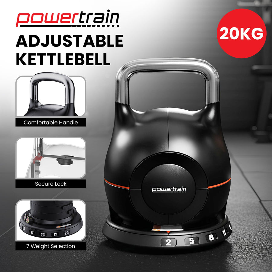 Powertrain 20kg Adjustable Kettlebell 7-in-1 Quick Weight Selection Set for Home Gym Strength and Fitness Workouts