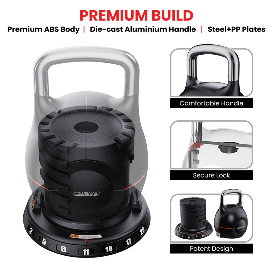 Powertrain 20kg Adjustable Kettlebell 7-in-1 Quick Weight Selection Set for Home Gym Strength and Fitness Workouts