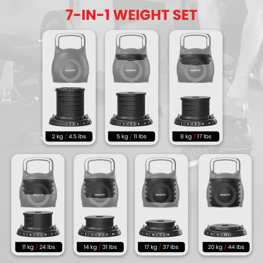 Powertrain 20kg Adjustable Kettlebell 7-in-1 Quick Weight Selection Set for Home Gym Strength and Fitness Workouts