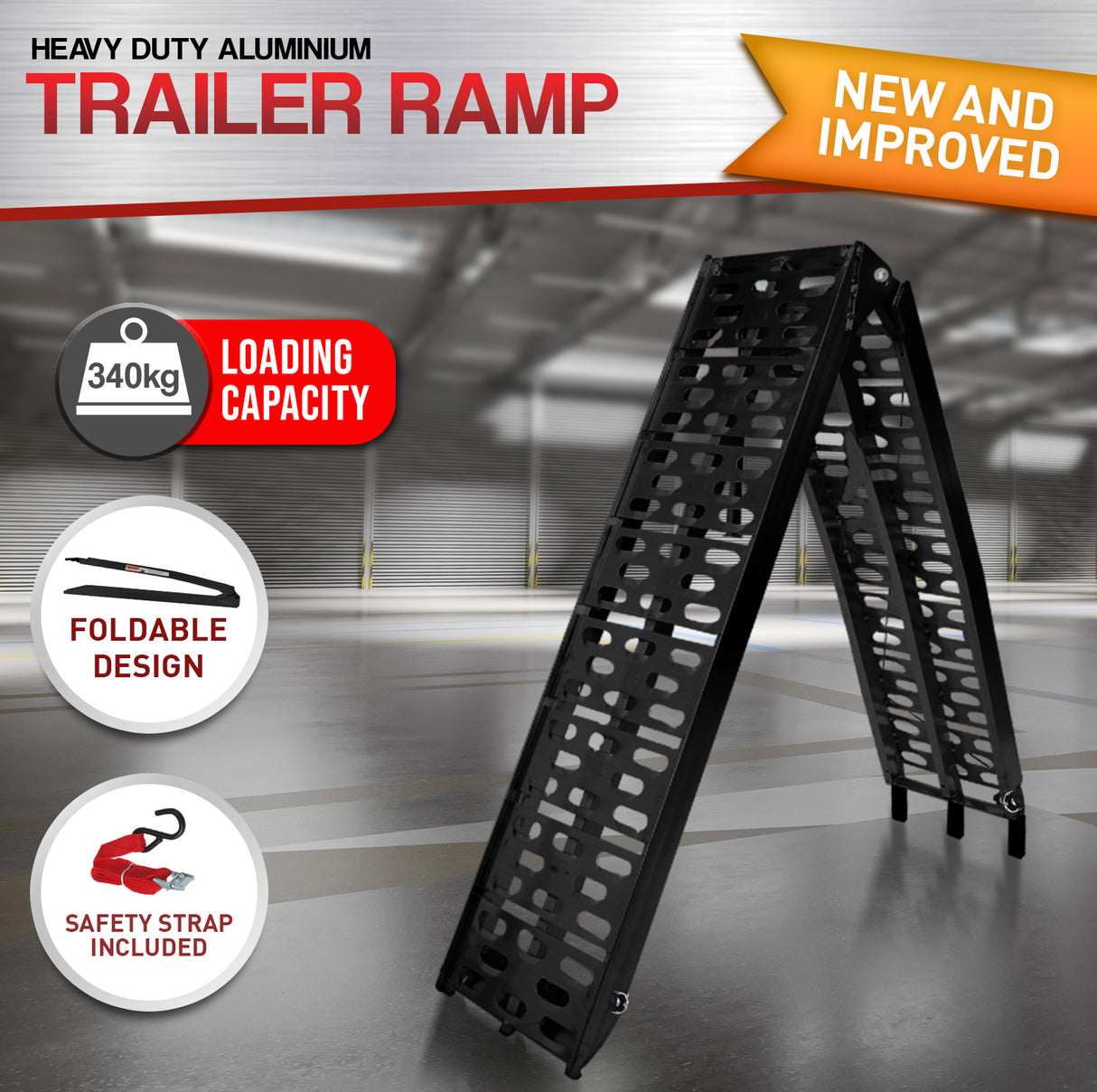 Kartrite Aluminium Folding Loading Ramp ATV Motorbike Motorcycle Golf Buggy Trailer - Black