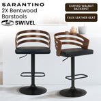 Sarantino Set Of 2 Bentwood Walnut Barstool Adjustable Height Swivel Footrest