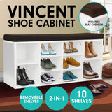 Sarantino Shoe Rack Cabinet Organiser Brown Cushion Bench Stool - 104 X 30 X 45 - White - Front View