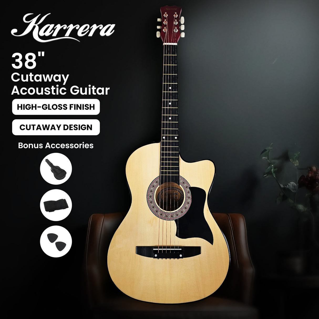 Karrera 38-Inch Cutaway Acoustic Guitar Bundle with Weatherproof Bag - Natural Finish