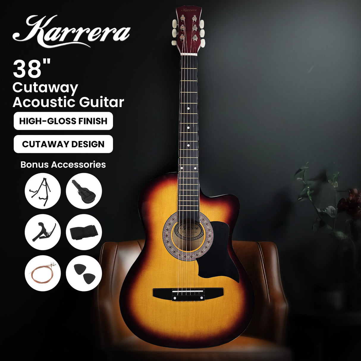 Karrera 38in Cutaway Acoustic Guitar Starter Kit with Bag and Accessories - Sunburst Finish