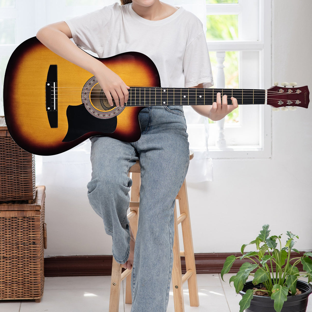 Karrera 38in Cutaway Acoustic Guitar Starter Kit with Bag and Accessories - Sunburst Finish
