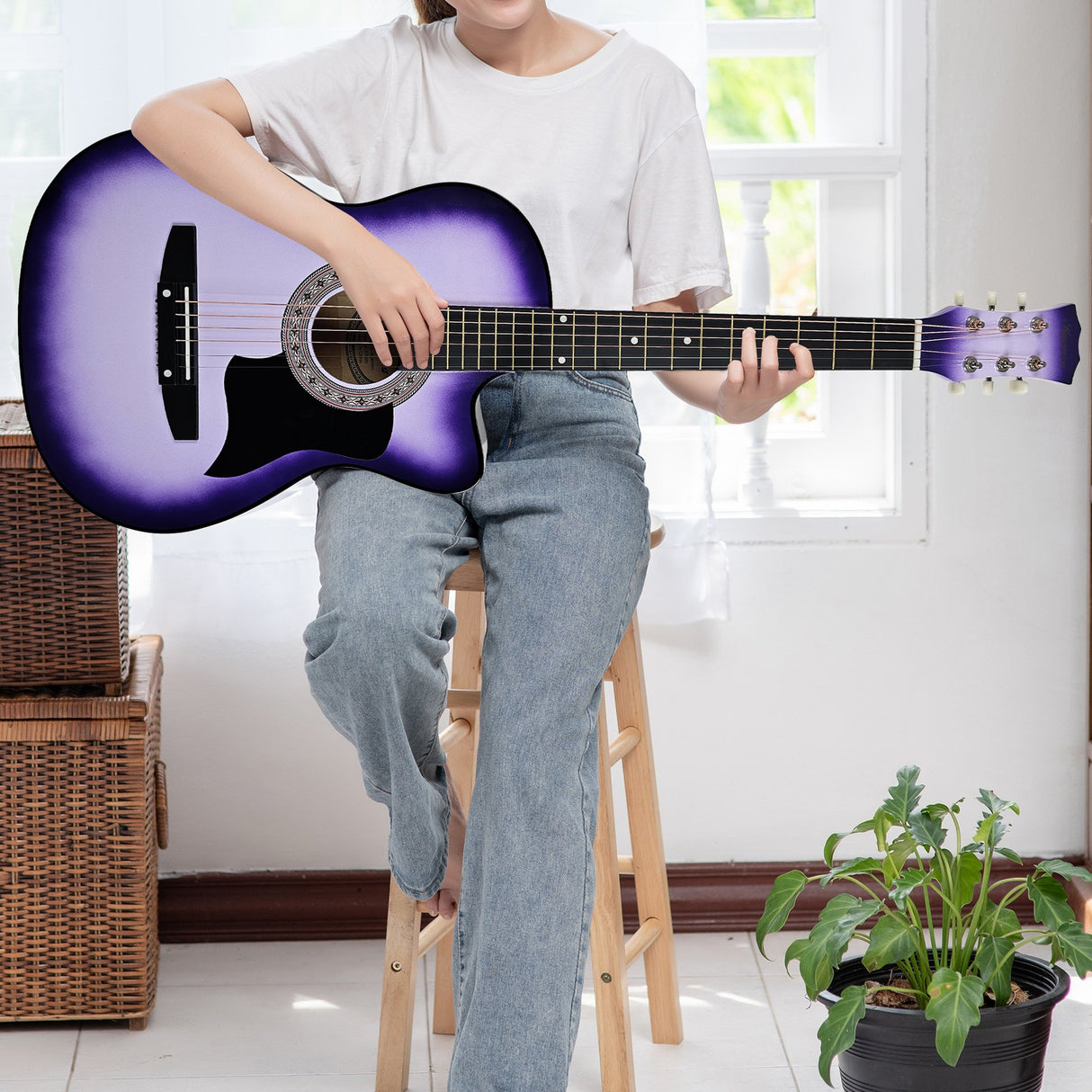 Karrera 38in Cutaway Acoustic Guitar Bundle with Accessories - Purple Burst