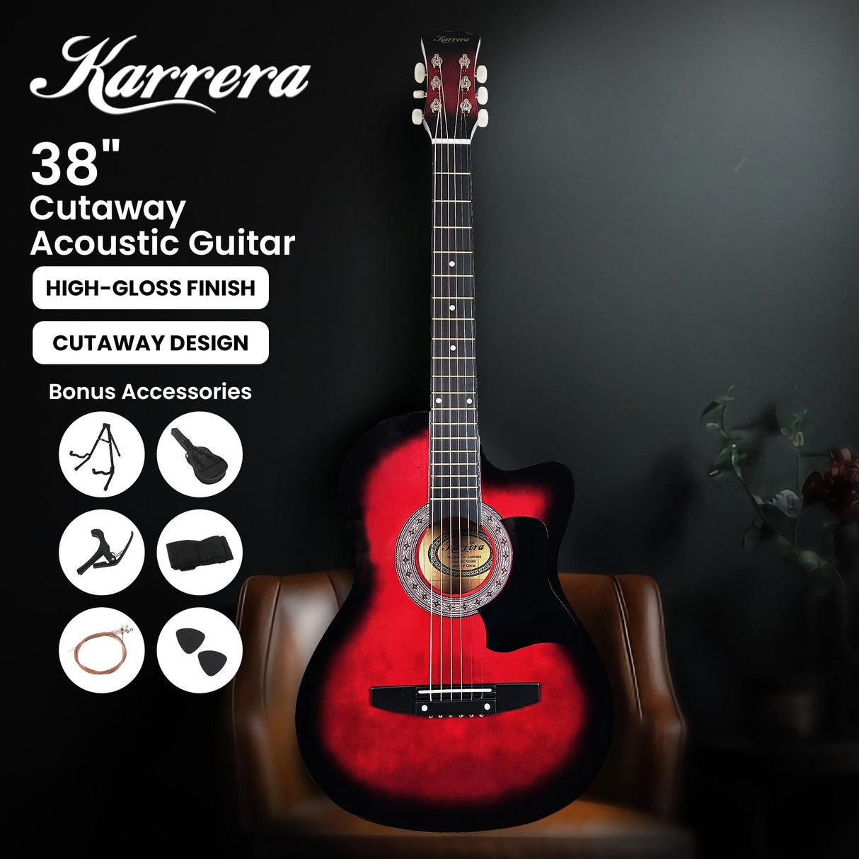 Karrera 38in High-Quality Cutaway Acoustic Guitar Set with Weatherproof Bag - Red Burst