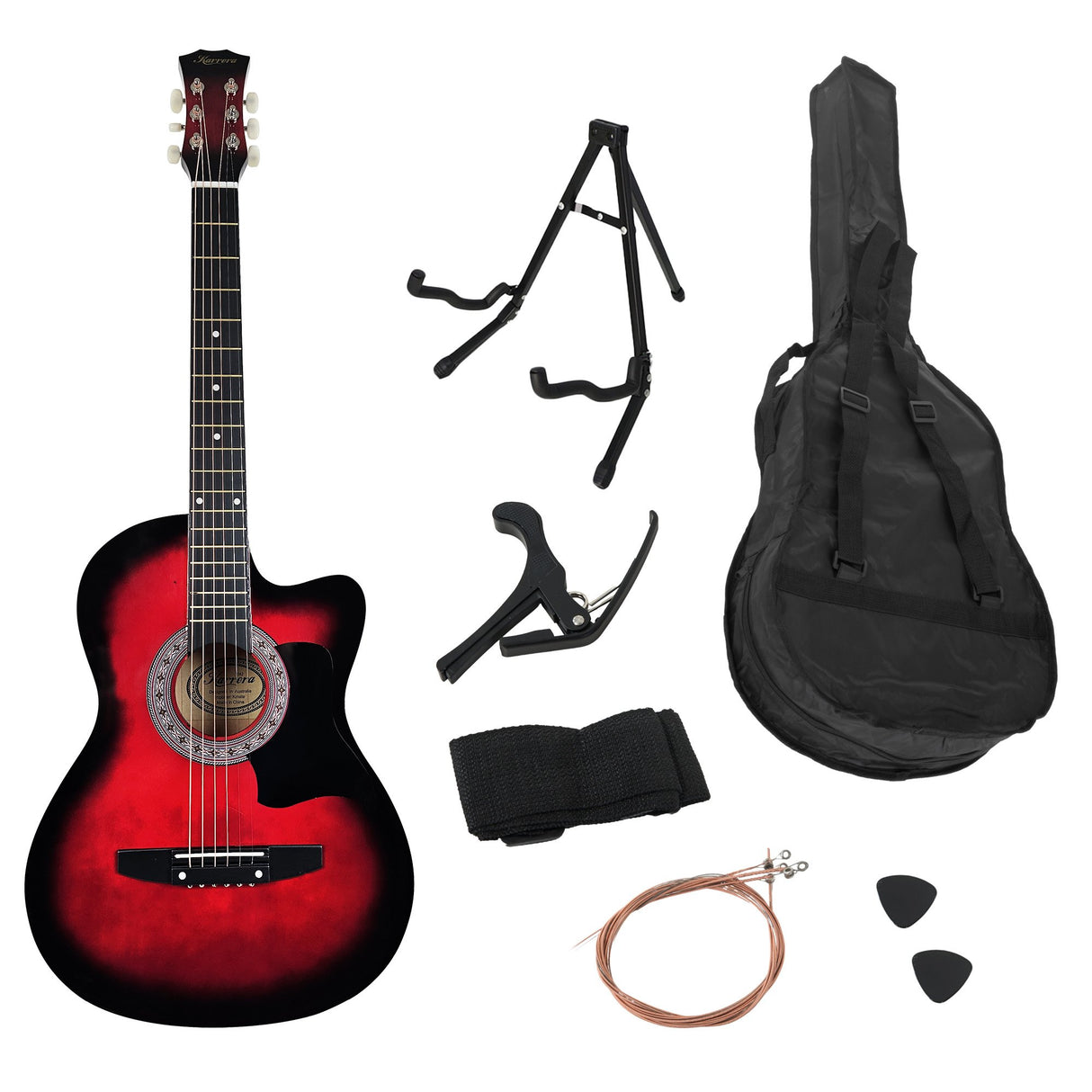 Karrera 38in High-Quality Cutaway Acoustic Guitar Set with Weatherproof Bag - Red Burst