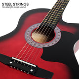 Karrera 38in High-Quality Cutaway Acoustic Guitar Set with Weatherproof Bag - Red Burst - Close-Up Angle