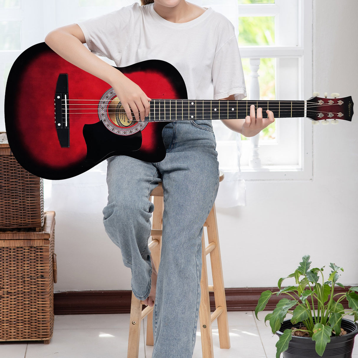 Karrera 38in High-Quality Cutaway Acoustic Guitar Set with Weatherproof Bag - Red Burst