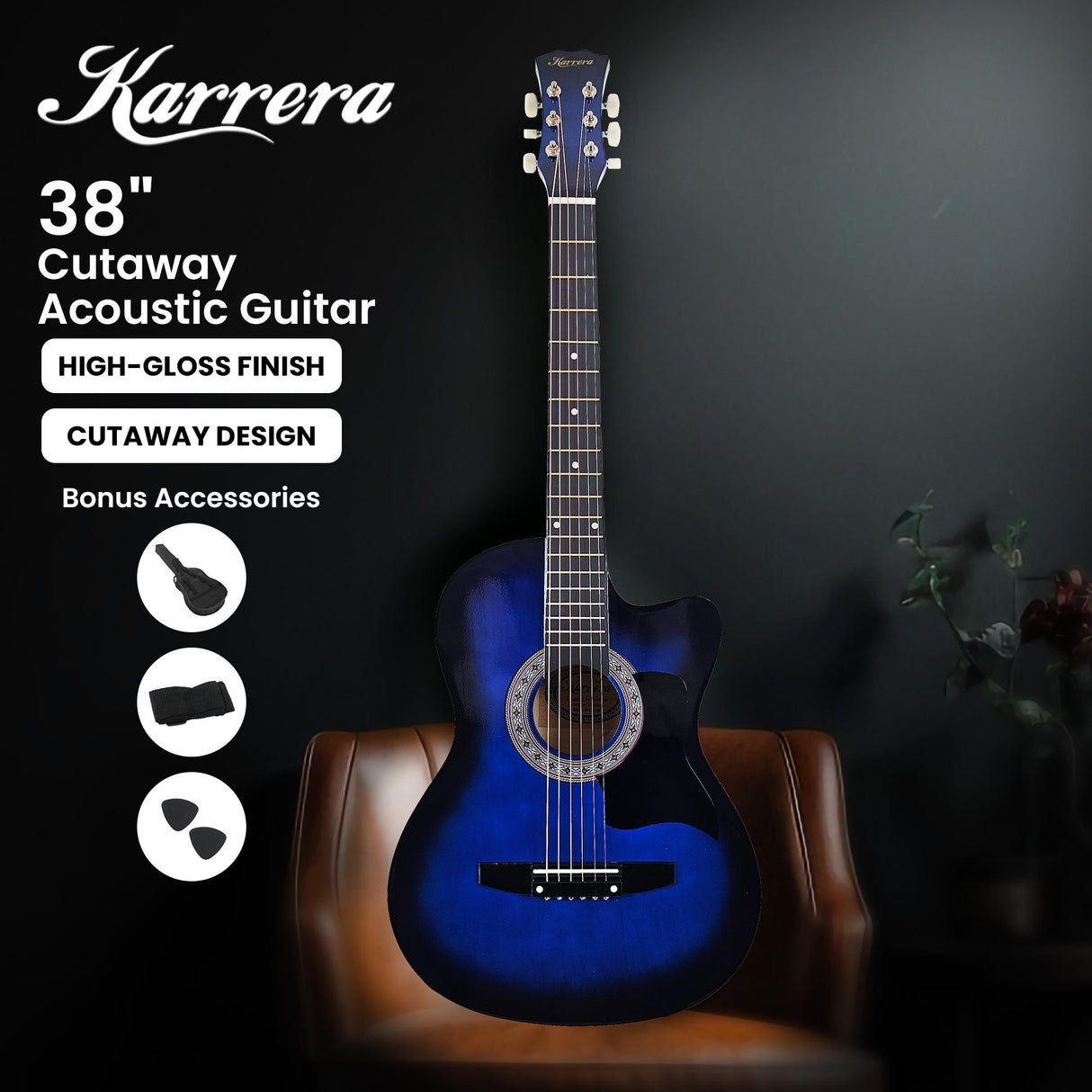 Karrera 38-Inch Blue Burst Cutaway Acoustic Guitar Set with Bag and Accessories
