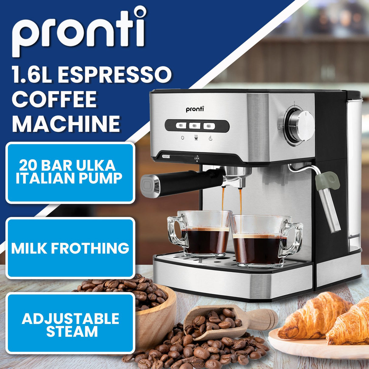 Pronti 1.6L Automatic Espresso Maker with Integrated Milk Frother