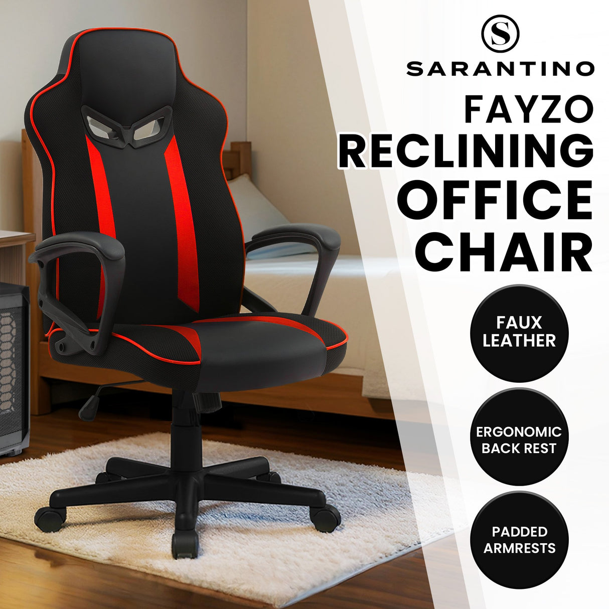 Sarantino Fayzo Racing Reclining Office Gaming Chair Black And Red Adjustable Computer Desk Seat With Adjustable Height Breathable Mesh Back Padded Armrests